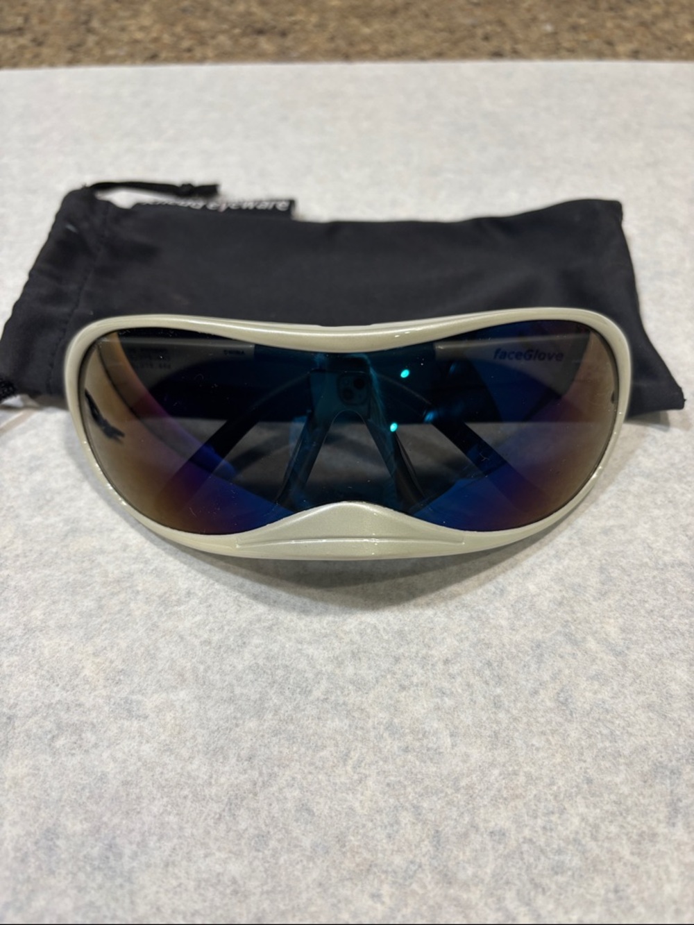 Kneud Eyeware Faceglove Mirrored Wrap Sunglasses - White Frame, Blue Lens